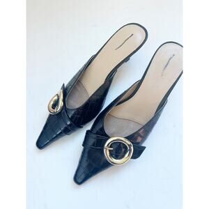 NWOB Ann Tayloe Black Croc Embossed Buckle Kitten Heels Slides Gold Buckle 9.5